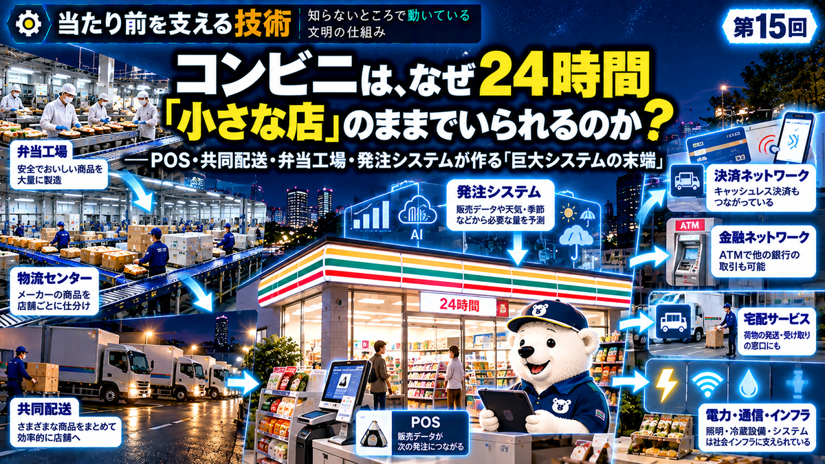 小さなコンビニ店舗の背後に食品工場、物流センター、配送トラック、POS・発注システム、決済・金融ネットワークが広がり、店内で白熊調査員がPOS端末を確認している「当たり前を支える技術」第15回のイラスト