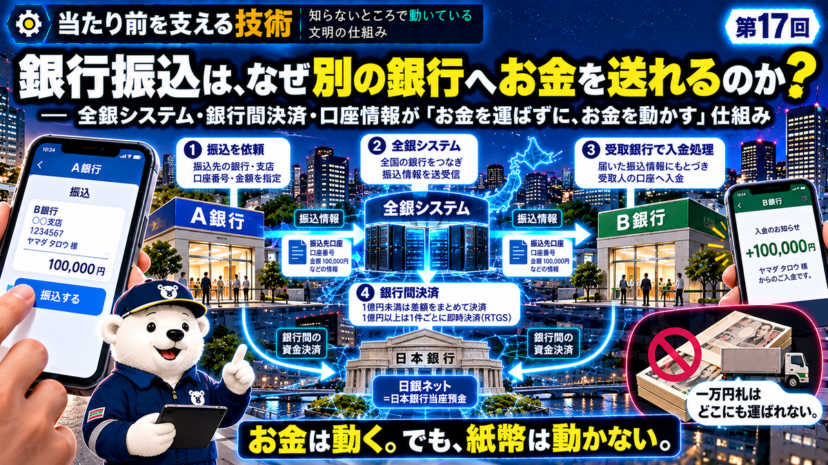 スマートフォンからA銀行へ10万円の振込を指示し、全銀システムを通じてB銀行の口座へ情報が届き、下層では日銀ネットと日本銀行当座預金によって銀行間決済が行われる様子を白熊調査員が確認している「当たり前を支える技術」第17回のイラスト