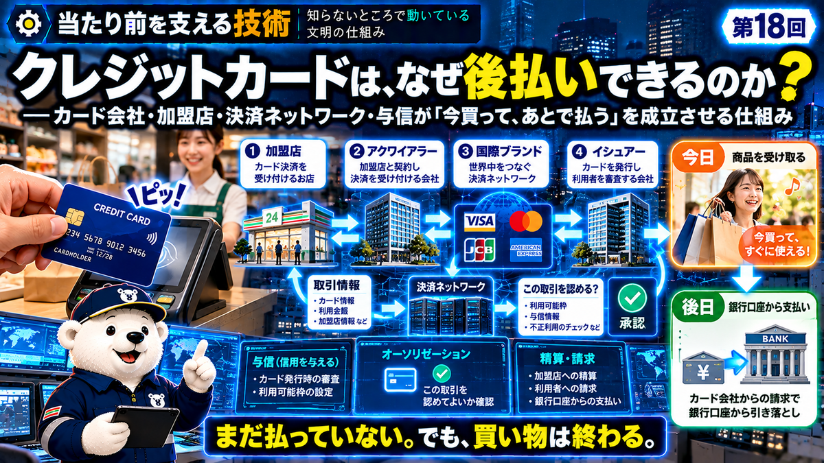 店舗で利用者がクレジットカードをタッチすると、加盟店からアクワイアラー、決済ネットワーク、イシュアーへ取引情報が送られ、承認後に商品を受け取り、後日利用者が代金を支払う流れを白熊調査員が確認している「当たり前を支える技術」第18回のイラスト