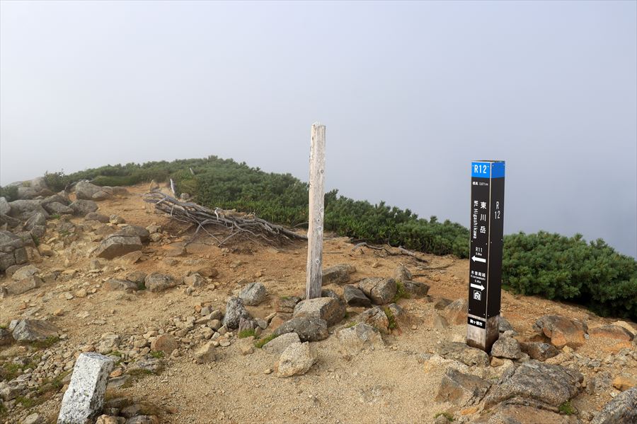 東川岳の山頂とガス