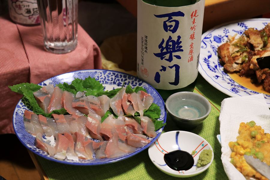 百楽門 純米吟醸 無濾過生原酒 五百万石 葛城酒造 イナダ 刺身 料理 日本酒