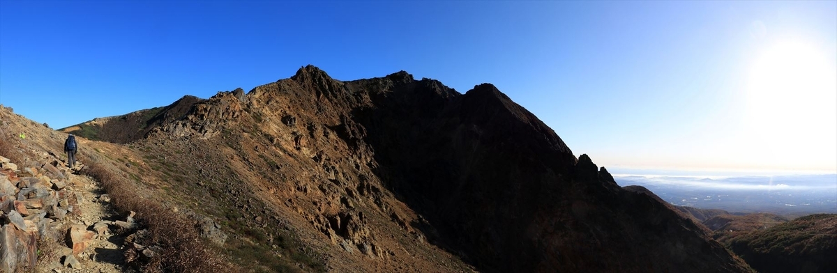 朝日岳 登山者 那須岳 登り坂 岩峰