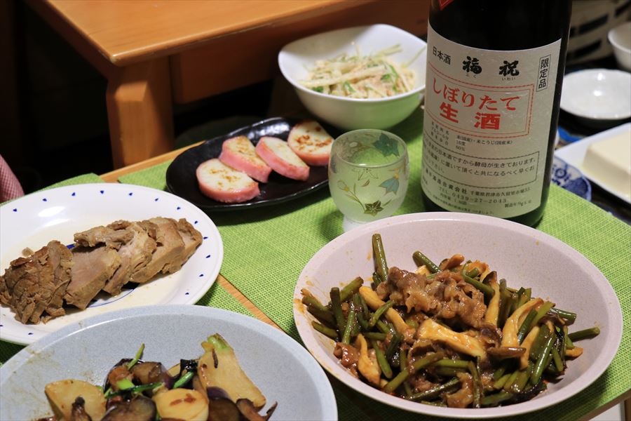 福祝 純米ふな口直詰 しぼりたて生酒 藤平酒造 スタミナ焼き 焼豚 蒲鉾 日本酒