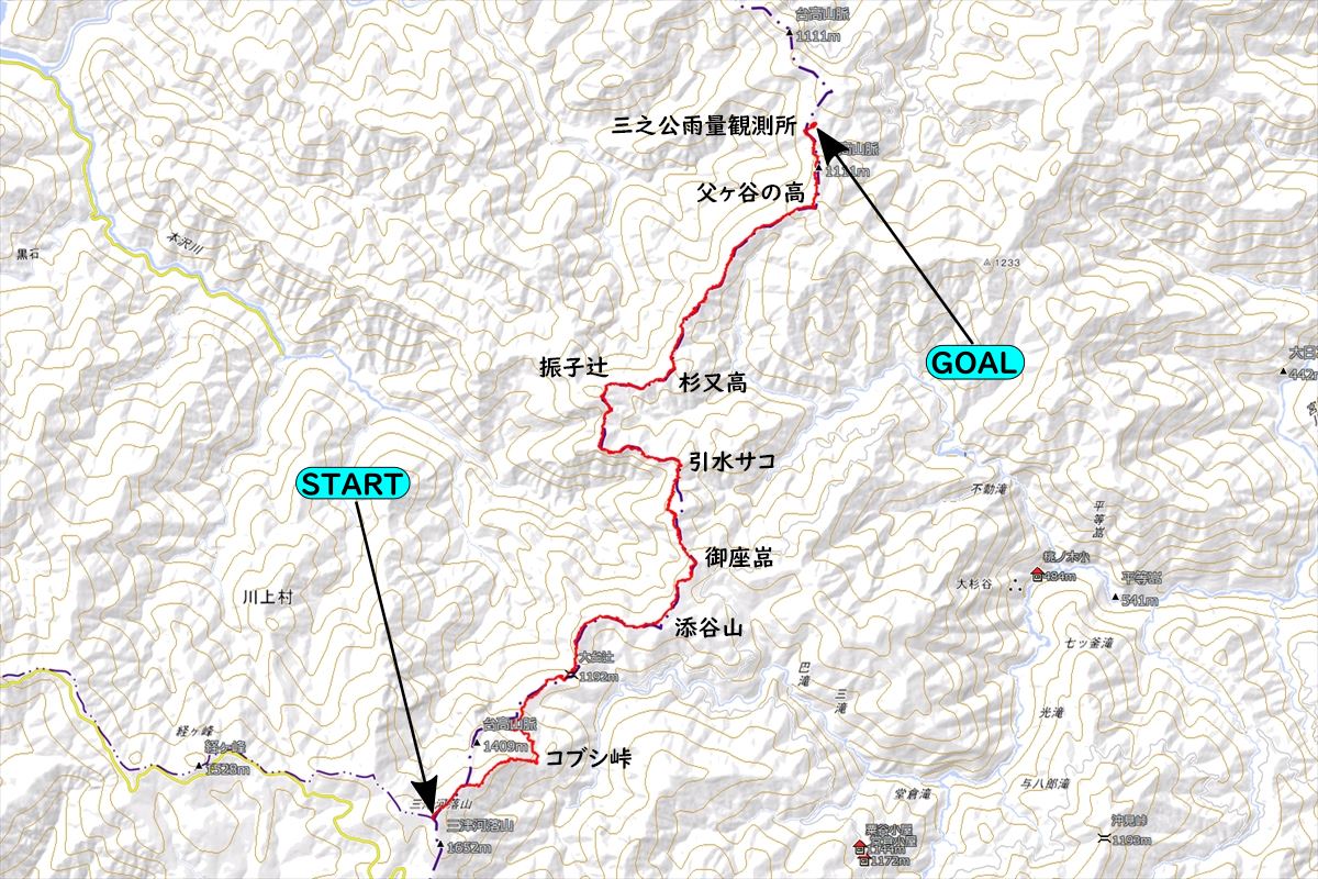 台高山脈 大台辻 添谷山 振子辻 父ヶ谷ノ高 縦走 行程 地図 登山 ルート