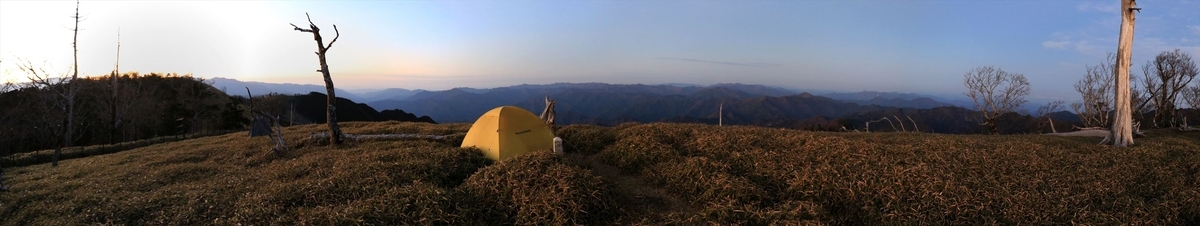 三津河落山 テント 日没 夕日 台高山脈 大台ヶ原