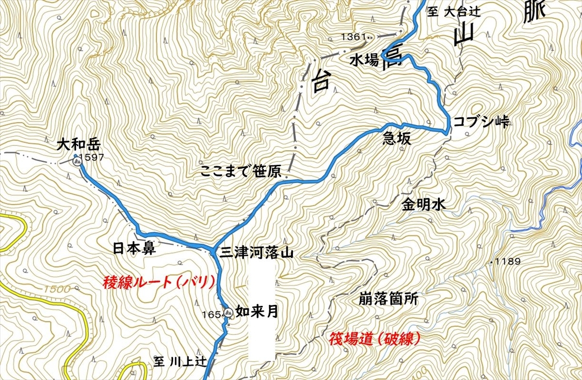 地図 三津河落山 コブシ峠 バリエーション 尾根 台高山脈