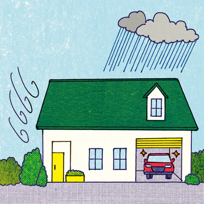 ガレージハウスに停めている車が風雨から守られている様子