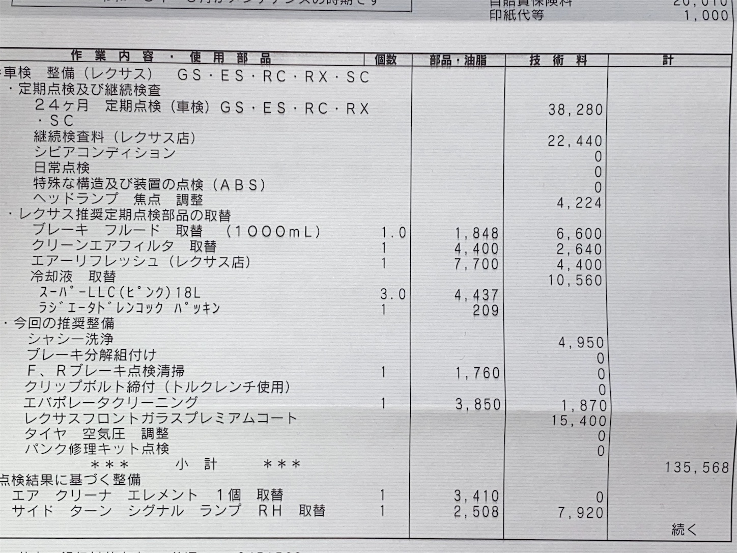 レクサスGS350のディーラー車検費 - 清楚咲夜の日記
