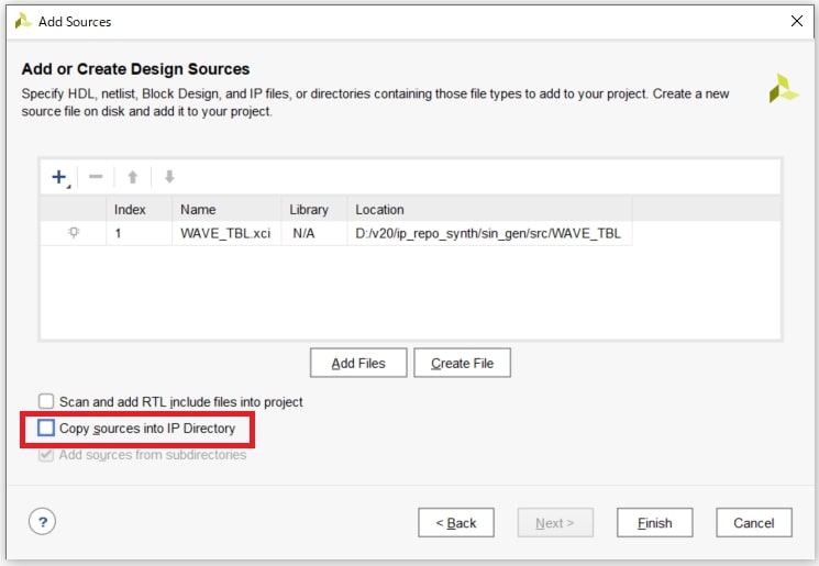 図18:「Copy sources into IP Directory」をチェックOFF