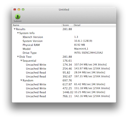 Intel SSDSC2MH120A2K5ベンチマーク(XBench)