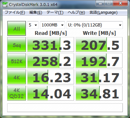 Intel SSDSC2MH120A2K5ベンチマーク(PCIe接続)