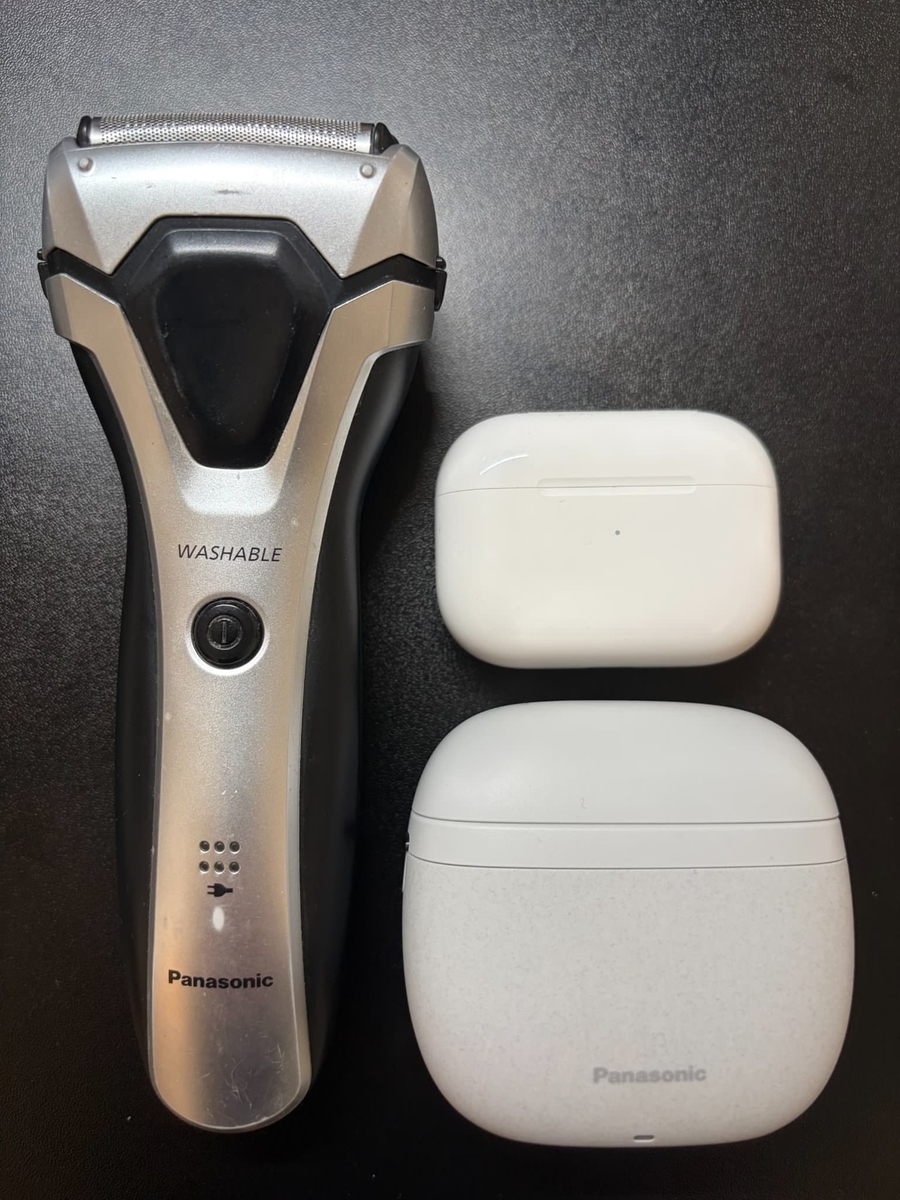 一般的な電動シェーバー、Air Pods Pro、ラムダッシュパームインLITEのサイズ比較