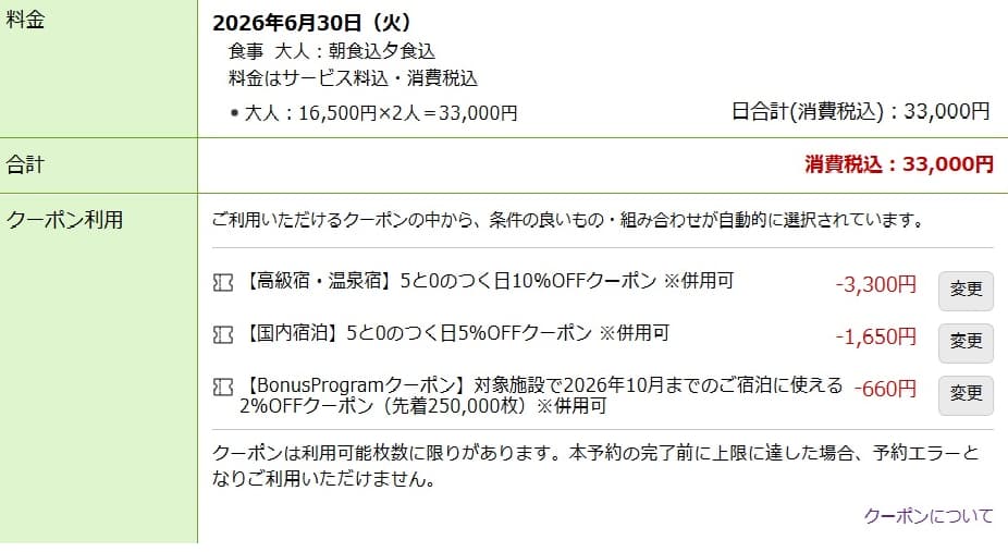 楽天トラベル予約画面のクーポン適用例｜3枚併用で5,610円割引