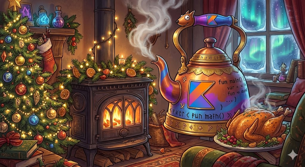 ホリデーシーズンの家で、ストーブと Kotlin 言語モチーフのヤカン、クリスマスツリー、クリスマスチキンが写っている、ファンタジー風の画像。