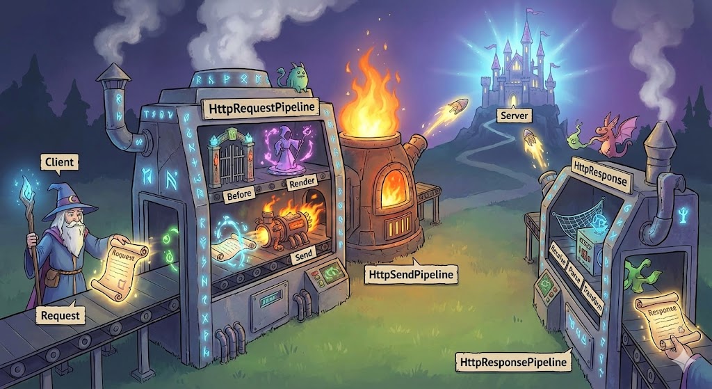 記事の中で言及されている Ktor Client の Pipeline を説明するファンタジー風なイラスト画像。