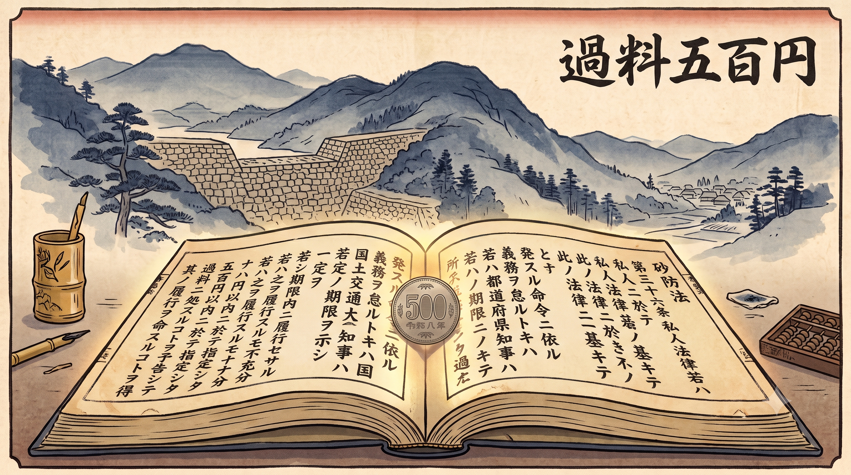 明治時代の錦絵と教科書挿絵を思わせるレトロな和風イラスト。木版画のような柔らかい輪郭線と和紙の質感、藍色・朱色・金茶色を基調にした落ち着いた配色、ユーモラスで温かみのあるタッチ。横長 16:9。古びた和綴じの法律書が大きく開かれ、カタカナの文語体が書かれた頁の中央に、令和8年のぴかぴかの500円硬貨が一枚だけ鎮座して淡く後光を放っている。法律書には「砂防法 第三十六条　私人ニ於テ此ノ法律若ハ此ノ法律ニ基キテ発スル命令ニ依ル義務ヲ怠ルトキハ国土交通大臣若ハ都道府県知事ハ一定ノ期限ヲ示シ若シ期限内ニ履行セサルトキ若ハ之ヲ履行スルモ不充分ナルトキハ五百円以内ニ於テ指定シタル過料ニ処スルコトヲ予告シテ其ノ履行ヲ命スルコトヲ得」の記述。背景には明治の山並みと石積みの砂防堰堤が霞のように広がる。画面の隅に「過料五百円」の筆文字の題字。