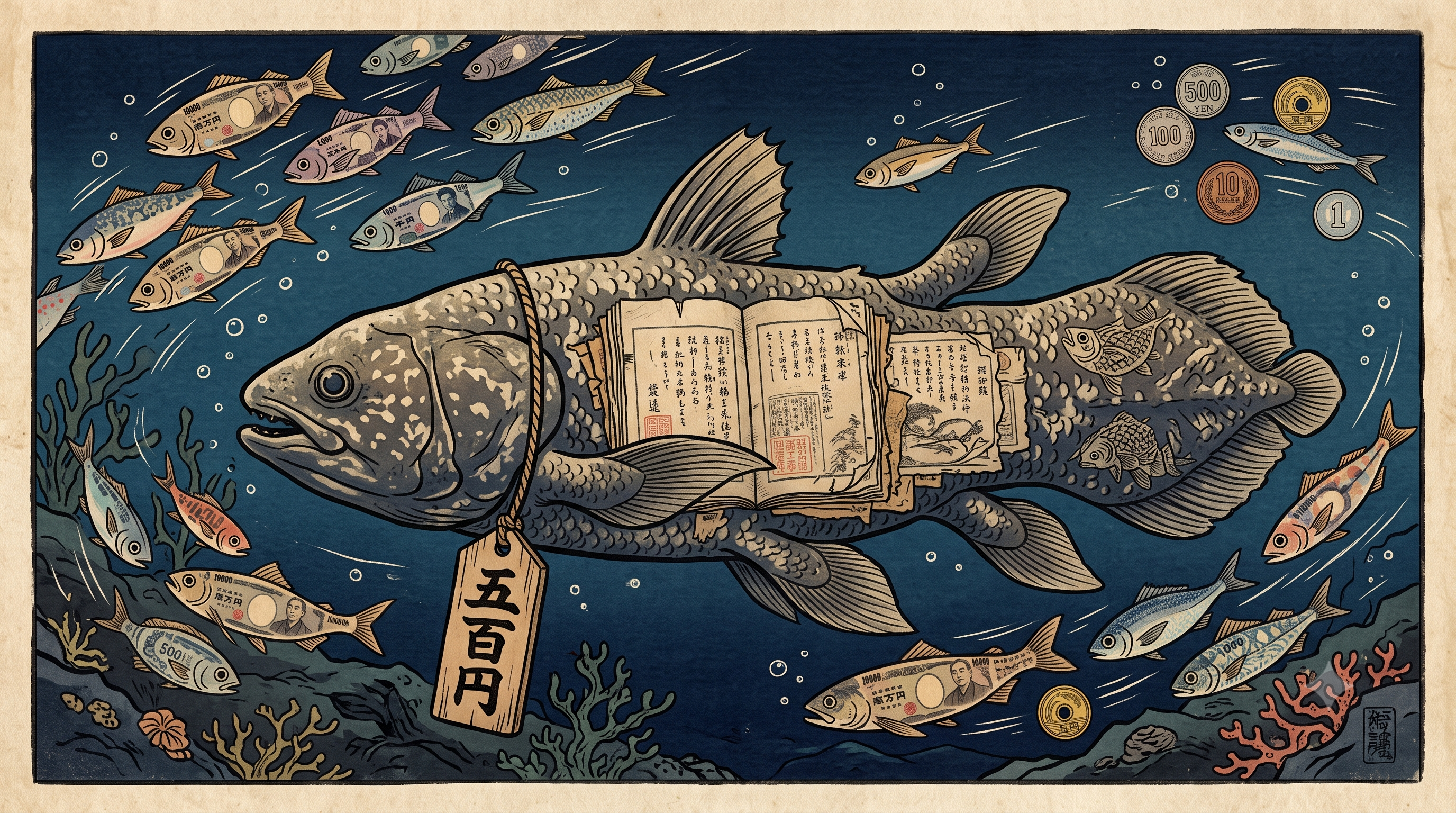明治時代の錦絵風イラスト。深い海の底を泳ぐ大きなシーラカンス。鱗の一部が古い和綴じ本の頁でできていて、体には「五百円」と書かれた木札が下がっている。周囲では現代の紙幣や硬貨の模様をまとった魚の群れが足早に通り過ぎていく。