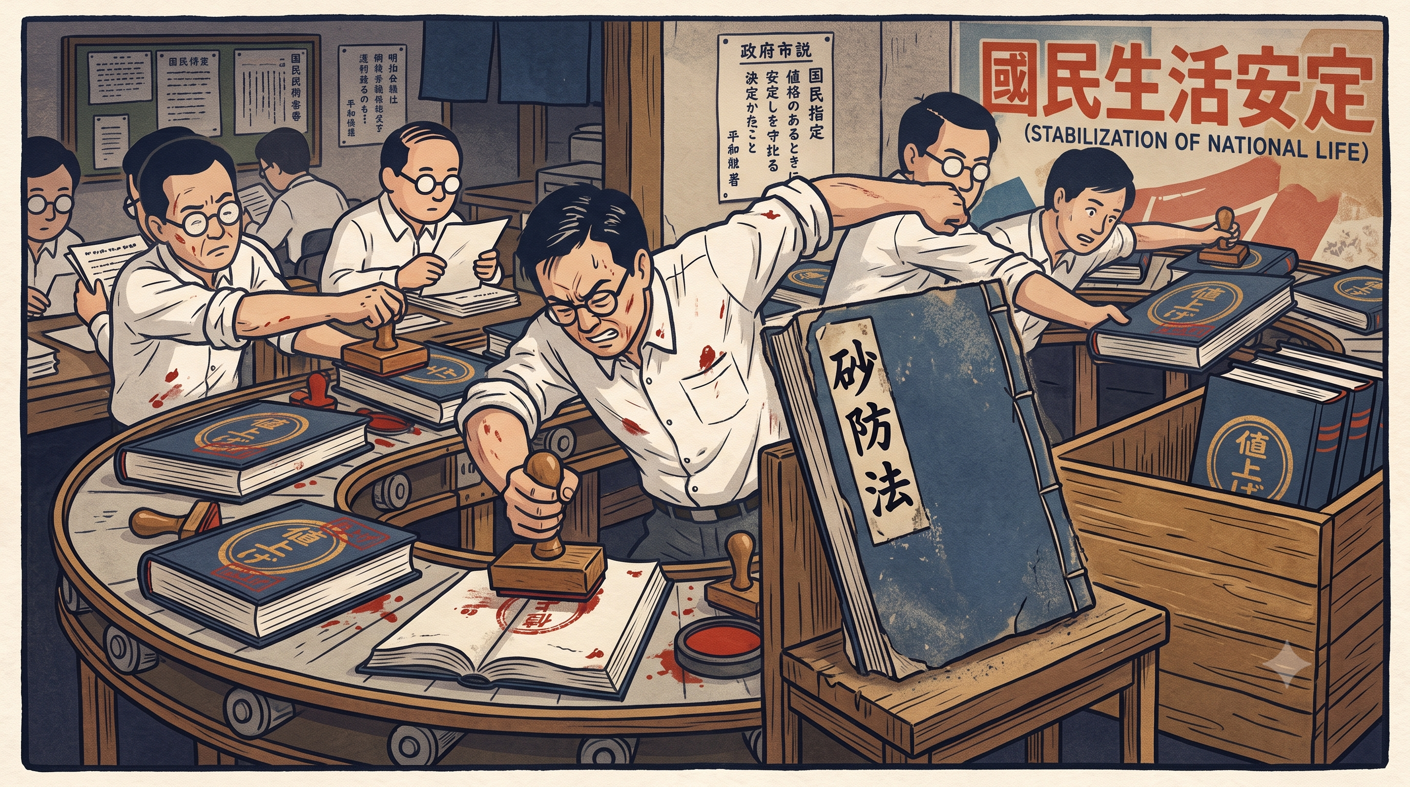 昭和の教科書挿絵風イラスト。戦後の役所の一室で、ベルトコンベアに流れてくる古い法律書に、職員たちが「値上げ」の判子を勢いよく押していく。その傍らで、表紙に「砂防法」と書かれた明治生まれの和綴じ本が一冊だけ、判子を押されずにぽつんと取り残されている。壁には「國民生活安定」のポスター。
