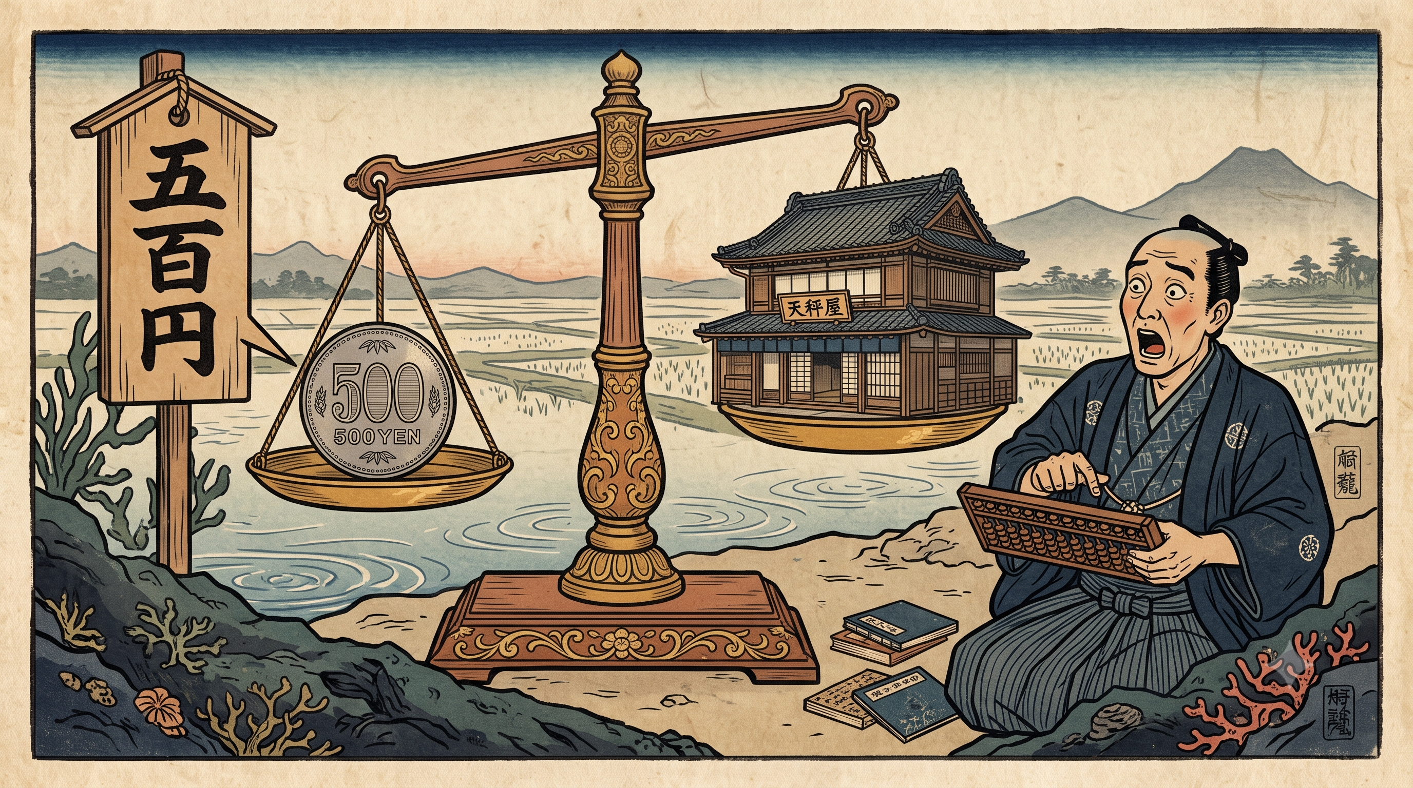 明治時代の錦絵風イラスト。大きな天秤ばかりの左の皿に500円硬貨が一枚、右の皿には木造家屋が一軒まるごと載っている。傍らには「五百円」と書かれた立て札が立ち、算盤を手にした明治の商人が目を丸くして驚いている。