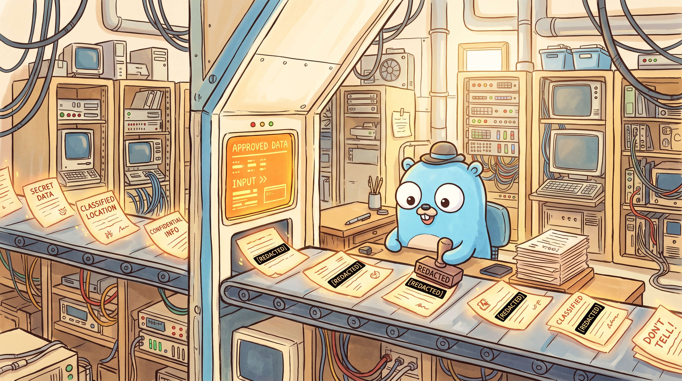 明るく温かみのある手描きイラスト。レトロなコンピュータや配線が並ぶ作業場で、青い gopher 風のマスコットが検問デスクに座り、ベルトコンベアで流れてくる書類に REDACTED と書かれた黒塗りスタンプを押している。SECRET DATA や CLASSIFIED LOCATION と書かれた書類が、スタンプを押されて黒塗りになってから、APPROVED DATA と表示された端末へ流れていく。