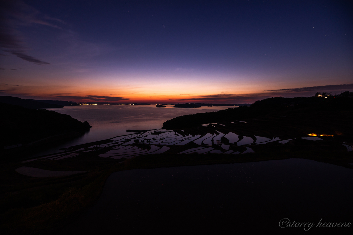長崎県 玄海灘に沈む夕陽と土谷棚田に写る夕焼けを撮影してきました
