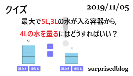 今日のクイズ 最大で5lと3lの水が入る容器から 4lの水を量るにはどうすればいい 19 11 05 Surprised Blog