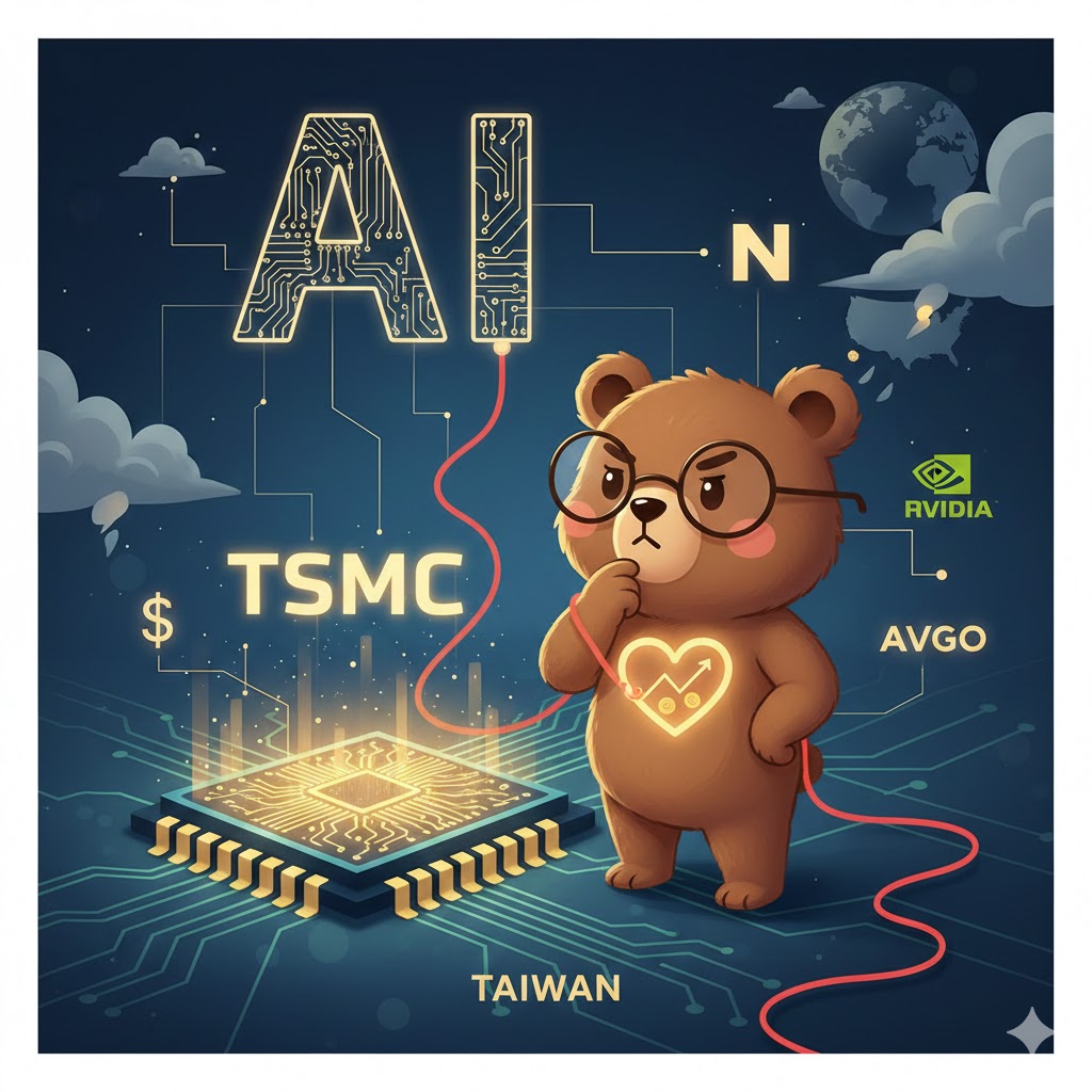 市場と人生について考えるメガネをかけた穏やかなマンガのクマ