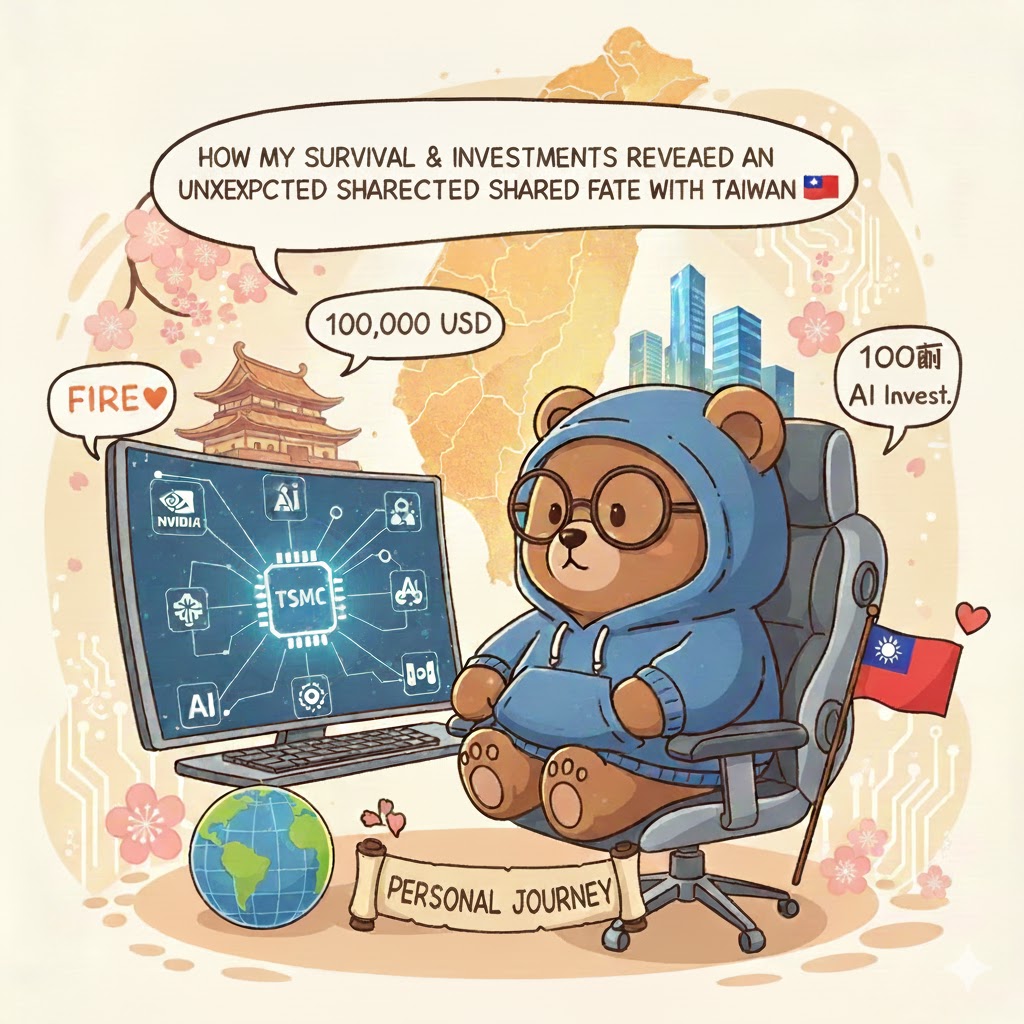 A gentle cartoonish bear with glasses thinking about the market and life