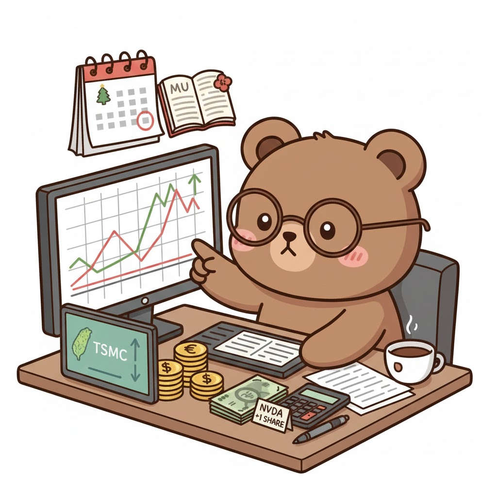 市場と人生について考える眼鏡をかけた漫画風のキュートなクマ