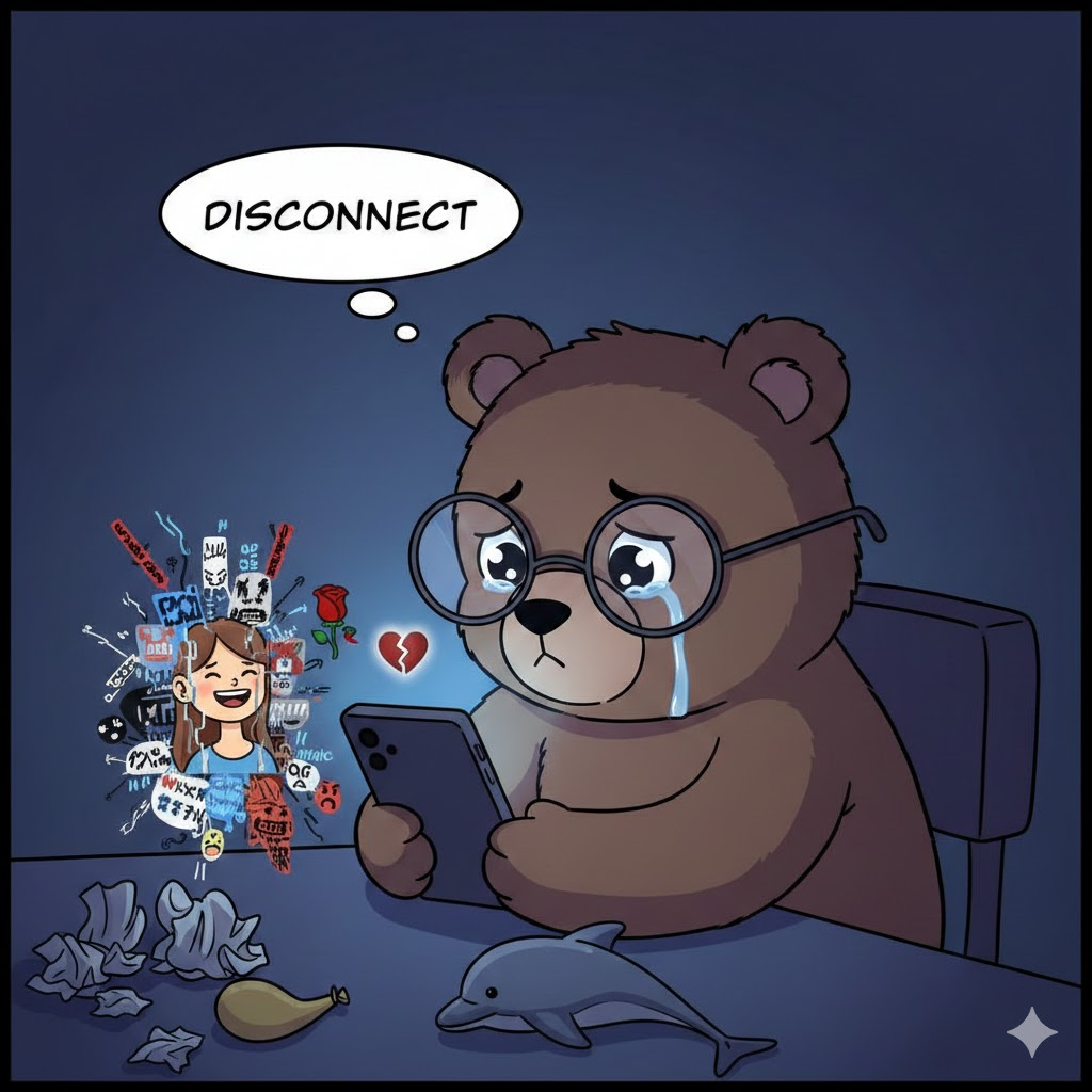 市場と人生について考える眼鏡をかけた茶色のキュートなクマ