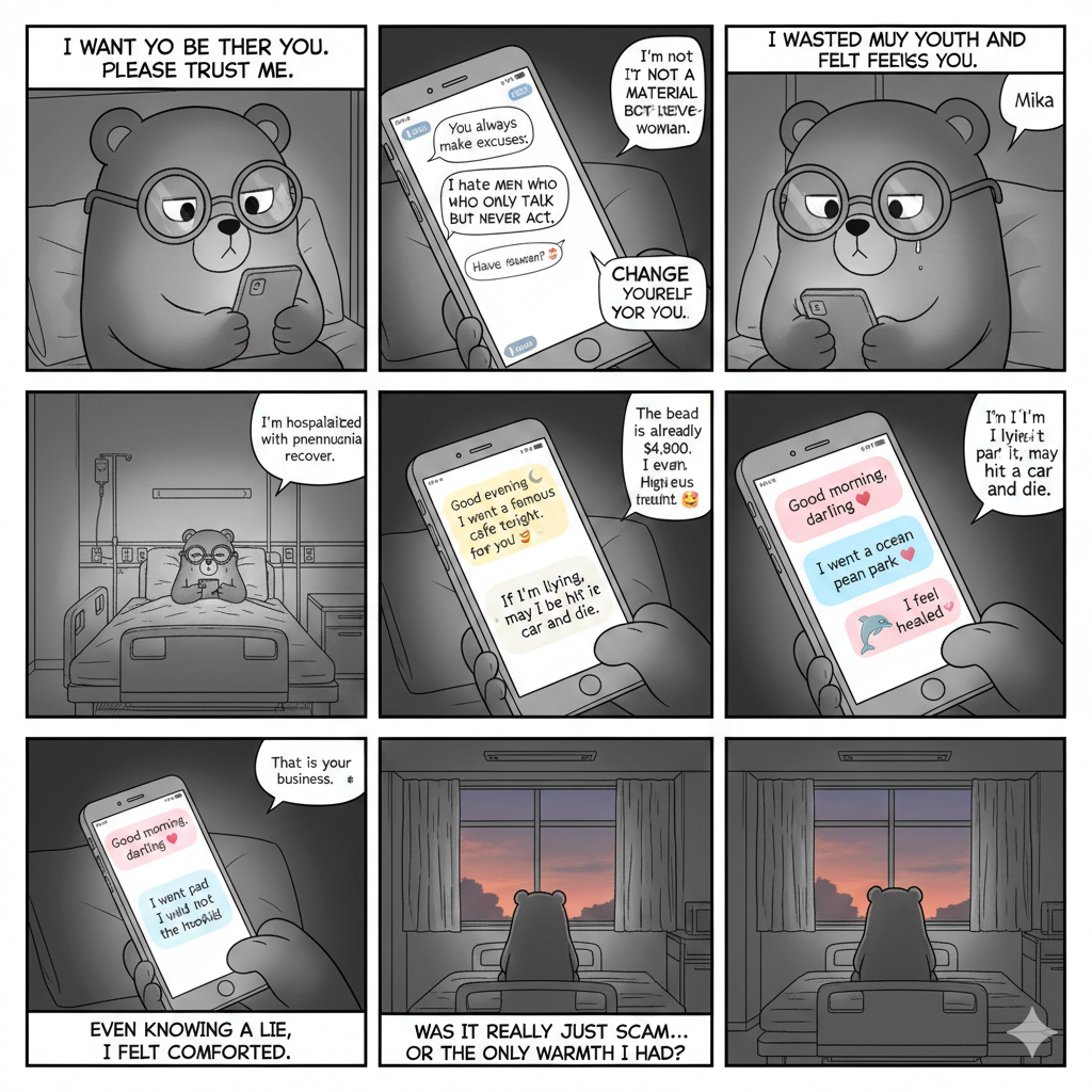 Cute brown cartoon bear with glasses thinking about the market and life