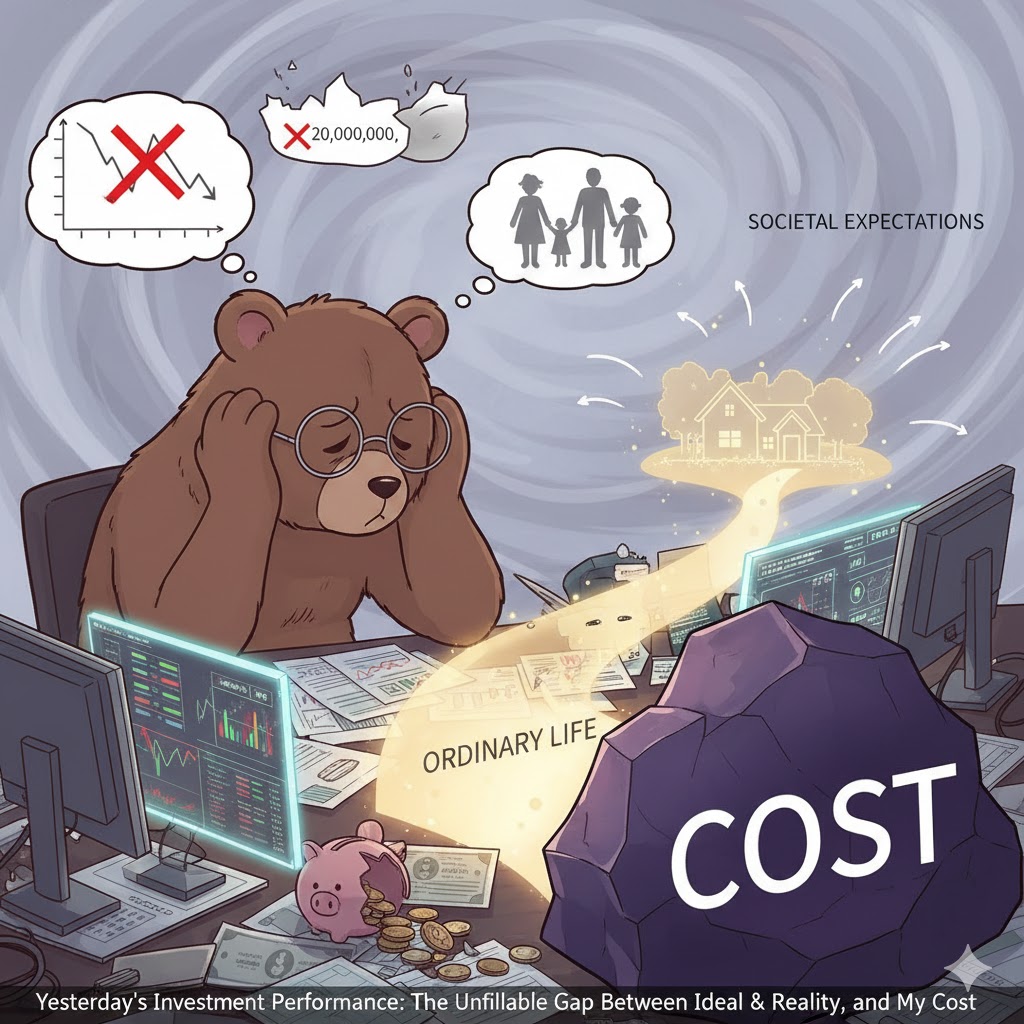 市場と人生について考える眼鏡をかけた茶色のキュートなマンガ風のクマ