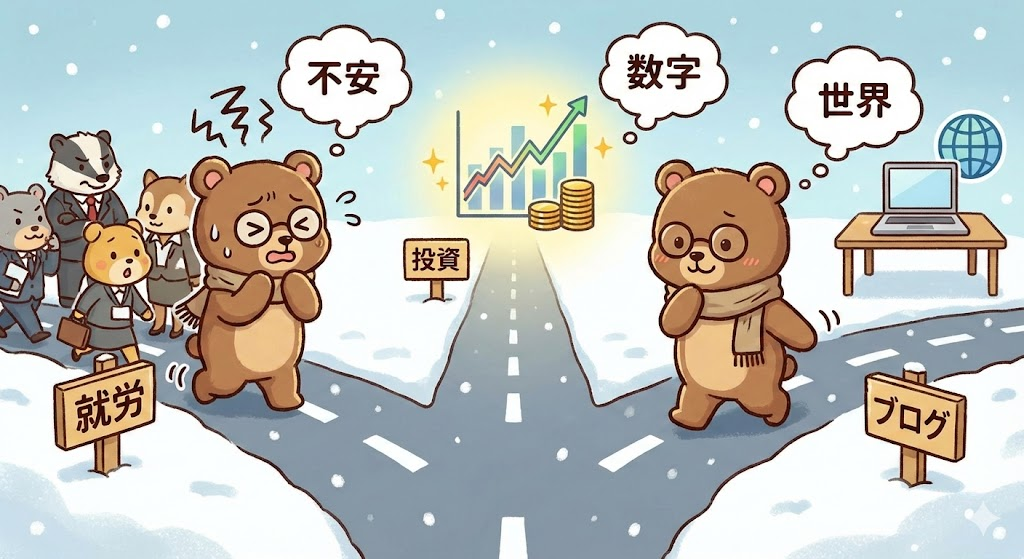 市場と人生について考える眼鏡をかけた茶色のキュートなクマ