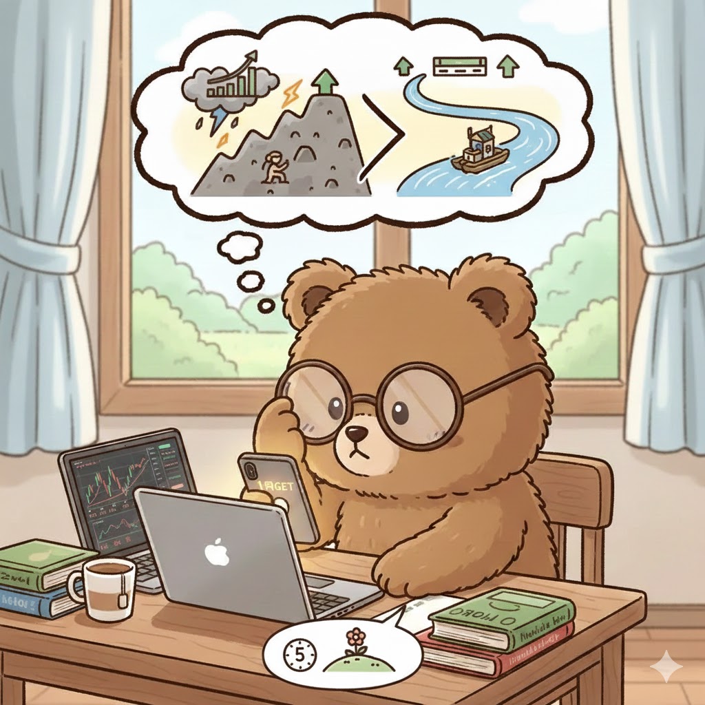 市場と人生について考える眼鏡をかけた茶色のキュートなマンガ風のクマ