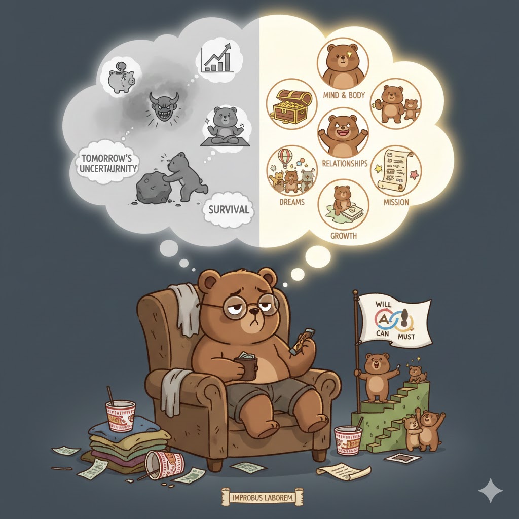 市場と人生について考える眼鏡をかけた茶色のキュートなマンガ風のクマ