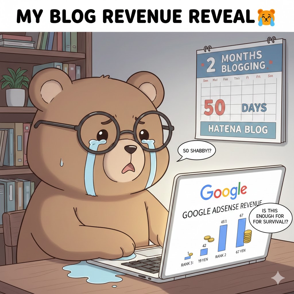 市場と人生について考える眼鏡をかけた茶色のキュートなマンガ風のクマ