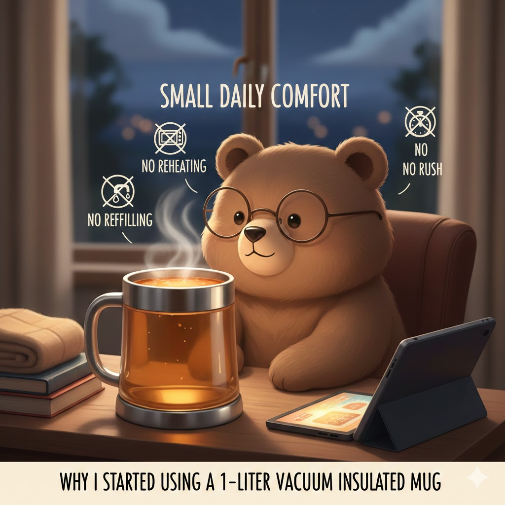 A cute brown cartoon bear holding a 1 liter vacuum insulated mug
