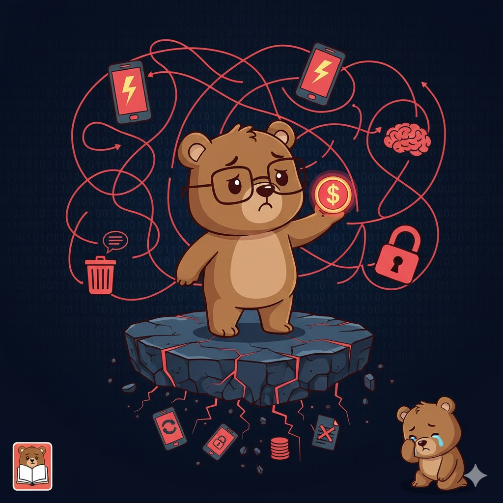 A cute brown cartoon bear with glasses who nearly fell victim to a social media reward scam