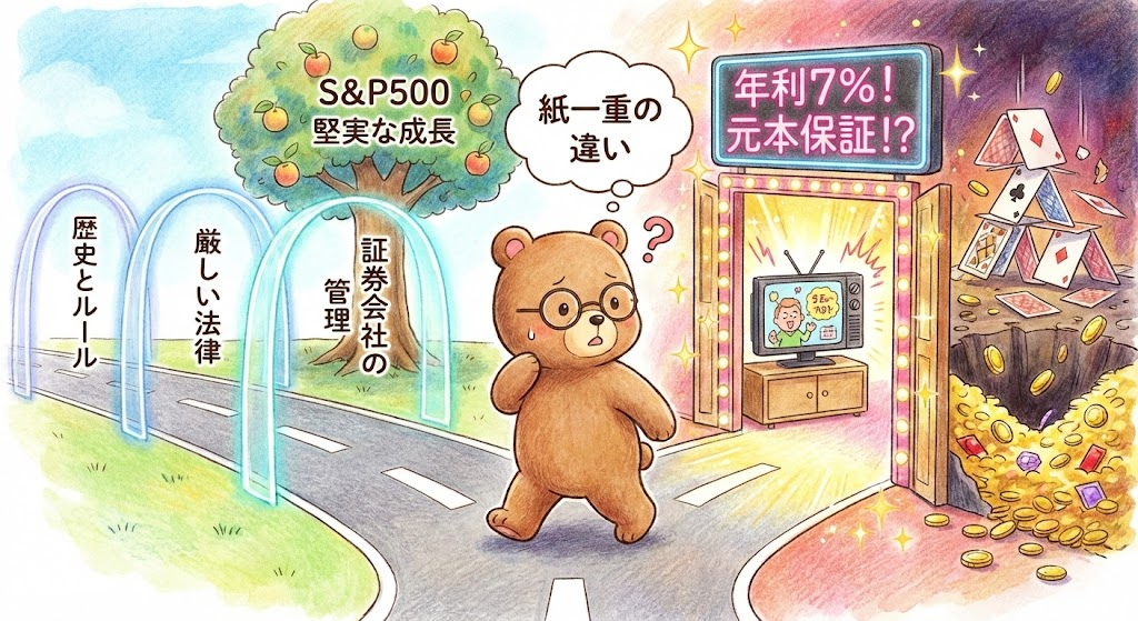 投資先の選択に悩む眼鏡をかけた茶色のキュートな漫画風のクマ