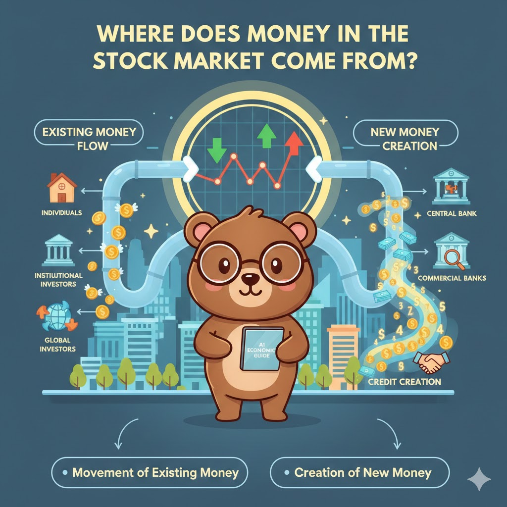 Where does the money in the stock market come from? A cute brown cartoon bear with glasses is wondering