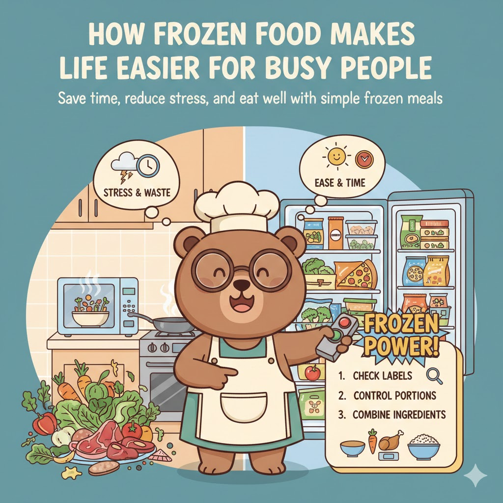 A cute brown cartoon bear wearing glasses thinks about the convenient use of frozen foods