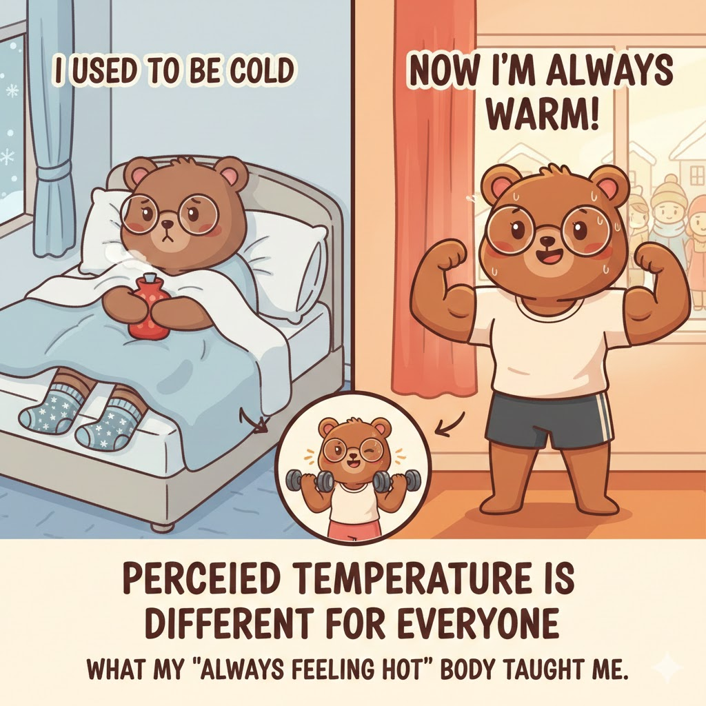 A cute brown cartoon bear with glasses who is sensitive to heat thinks about the temperature he feels