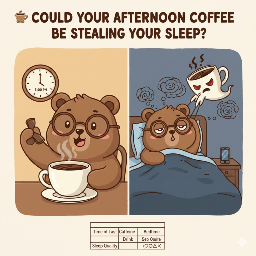 Cute brown cartoon bear with glasses thinking about caffeine and sleep