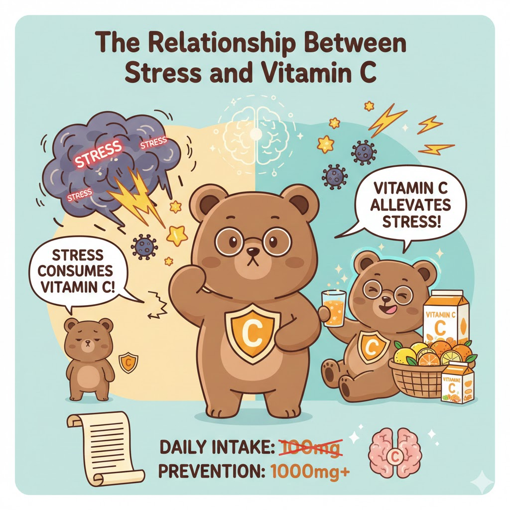 A cute brown cartoon bear with glasses ponders the relationship between stress and vitamin C