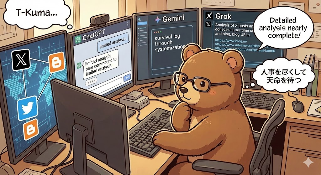 AIに自分のブログを分析してもらう眼鏡をかけた茶色のキュートな漫画風のクマ