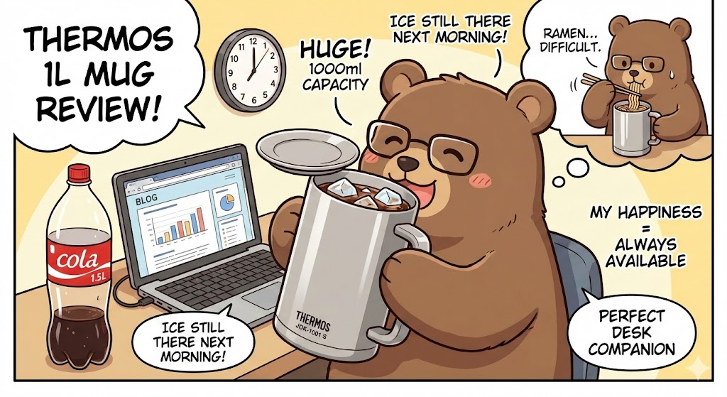 A cute brown cartoon bear wearing glasses utilizing a vacuum insulated mug