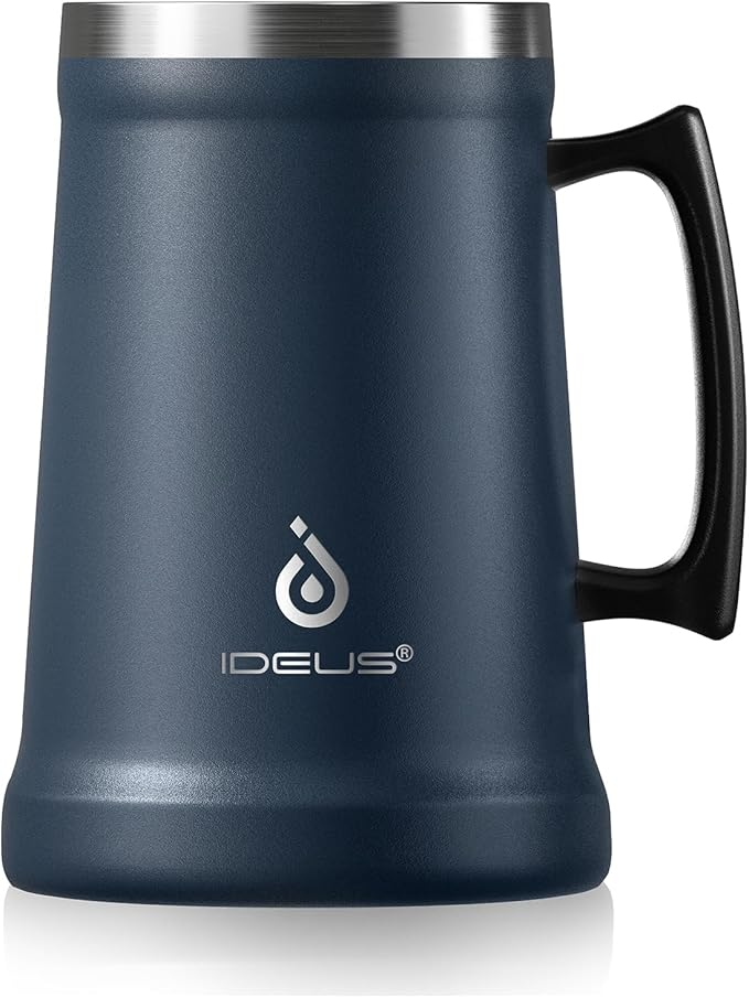 Ideus Insulated Beer Stein, 24/32oz Stainless Steel Double Walled Beer Mug Giant Bar Drinkware Metal Beer Cup with Big Grip Handle (Navy Blue, 34oz (1,000ml))