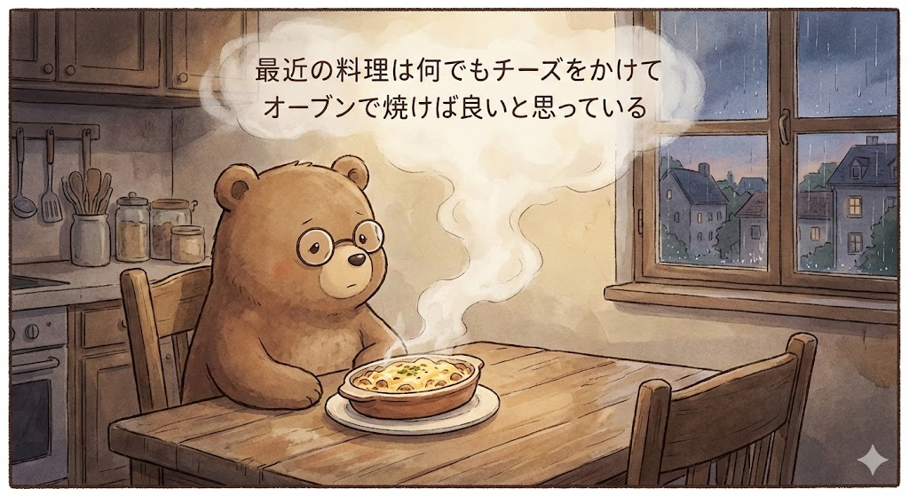なぜか忘れられないフレーズに思いをはせる眼鏡をかけた茶色のキュートな漫画風のクマ