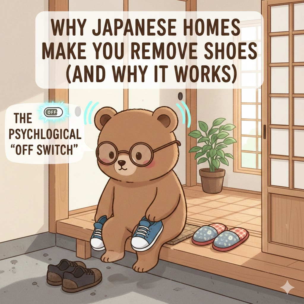 Cute brown cartoon bear with glasses taking off his shoes and entering his house