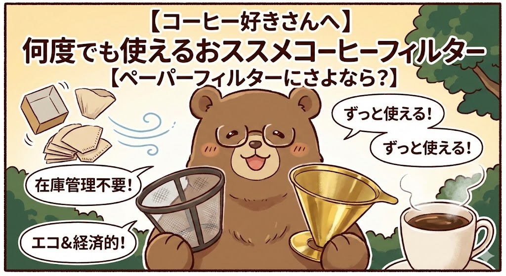 何度も使えるコーヒーフィルターにご満悦のT-Kuma